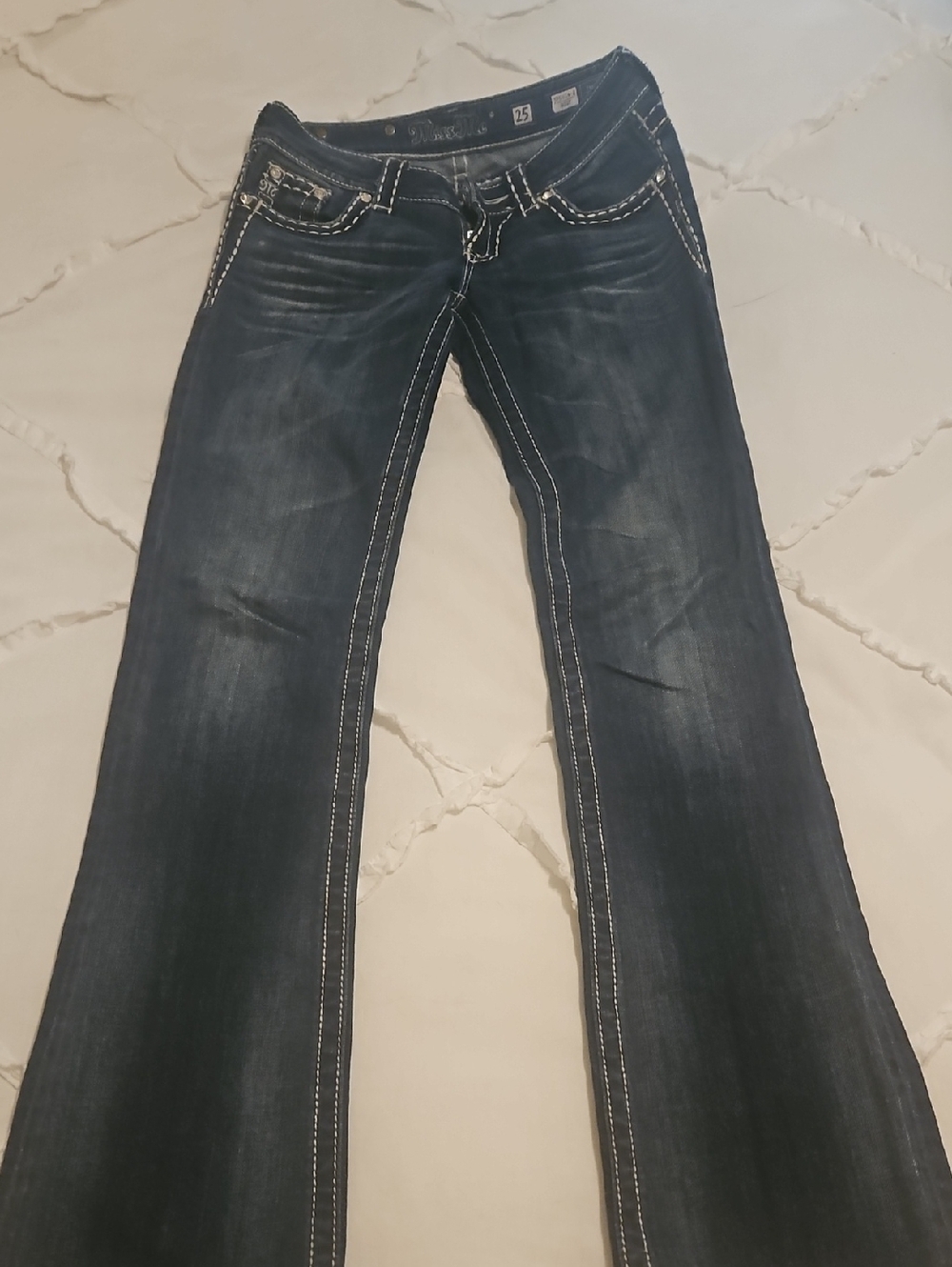 Miss Me Women’s Dark Wash Slim Boot Cut Jeans With Rhinestones - Low Rise